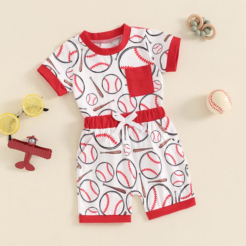 Baby Toddler Boys 2Pcs Baseball Print Short Sleeve Top with Elastic Waist Shorts Summer Outfit Set