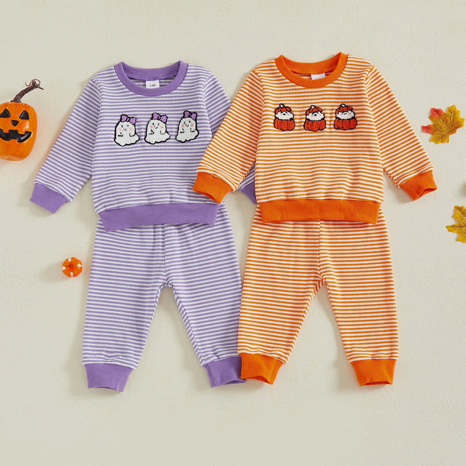 Baby Toddler Girls Boys 2Pcs Striped Set Halloween Ghost Embroidery Long Sleeve Pullover Top with Jogger Pants Fall Outfit
