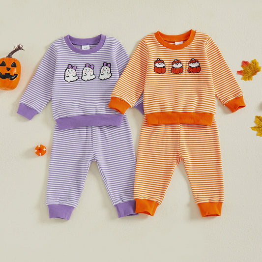 Baby Toddler Girls Boys 2Pcs Striped Set Halloween Ghost Embroidery Long Sleeve Pullover Top with Jogger Pants Fall Outfit