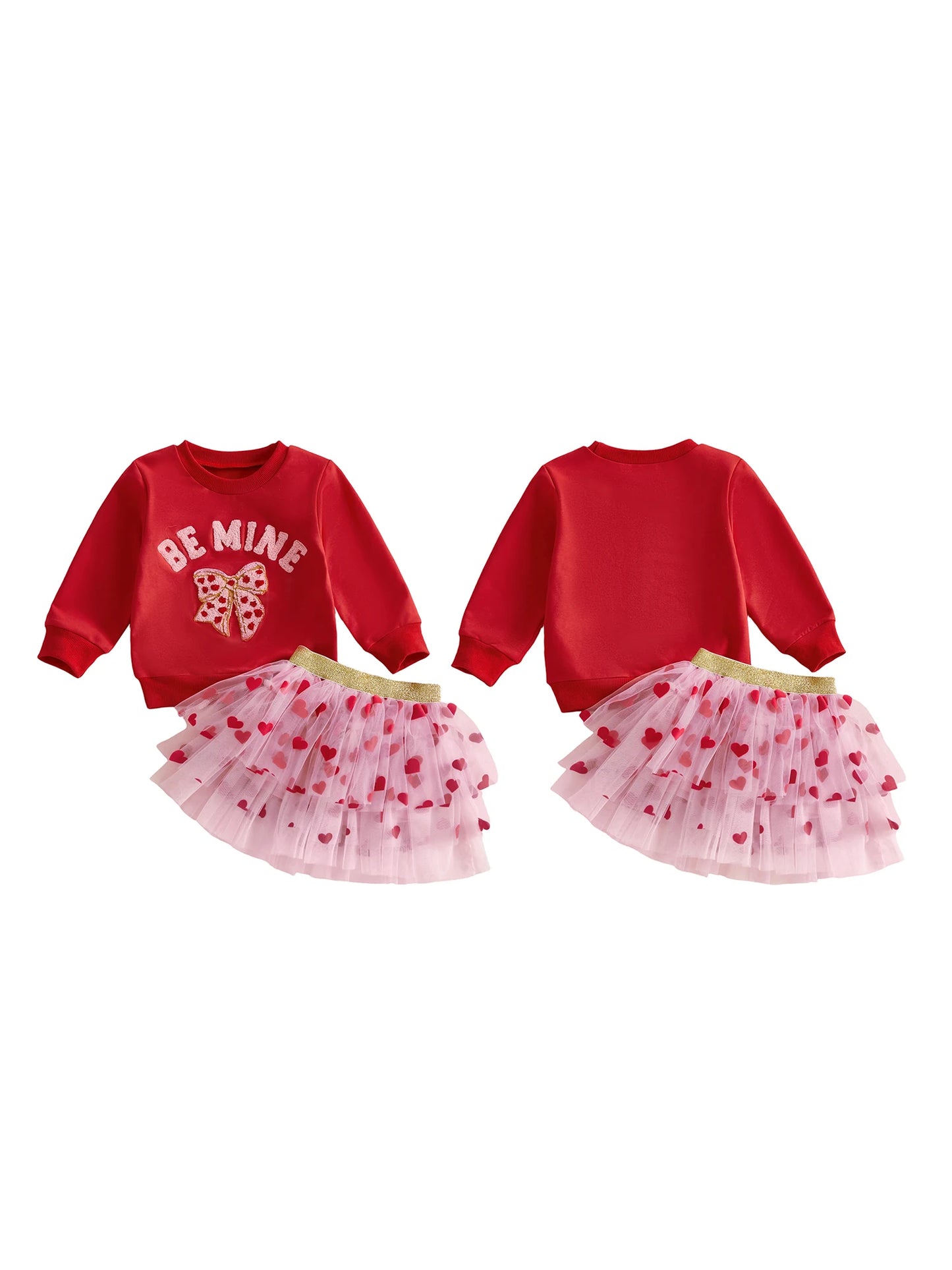 Baby Toddler Girls 2Pcs Be Mine Valentine's Day Outfit Letter Bow Embroidered Long Sleeve Top and Heart Print Mesh Tutu Skirt Set
