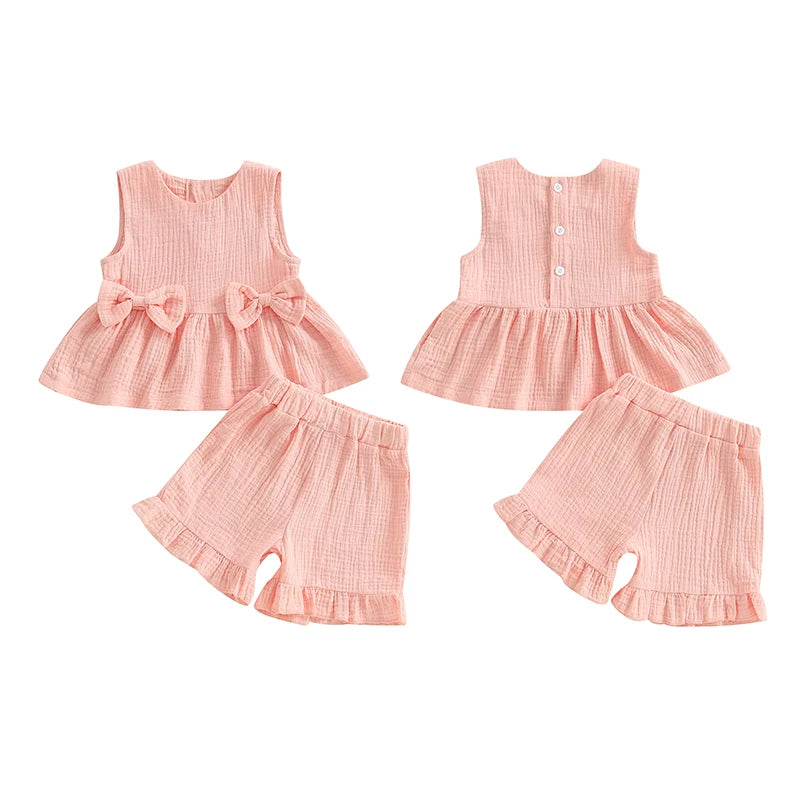 Baby Toddler Kids Girl 2Pcs Summer Clothes Solid Color Bow Round Neck Tank Top + Elastic Waist Ruffled Shorts Set