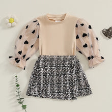 Load image into Gallery viewer, Toddler Kids Girls 2Pcs Fall Outfit Heart Pattern Mesh Long Sleeve Top and Plaid Mini Skirt Set
