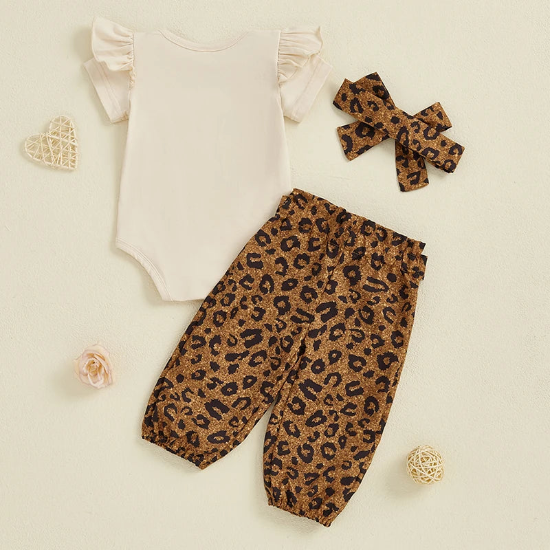 Baby Girls 3Pcs Auntie's Bestie Outfit Short Sleeve Letter Print Romper with Leopard Pattern Print Belted Pants and Headband Set