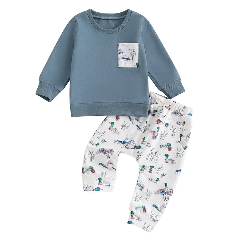 Baby Toddler Boys 2Pcs Outfit Round Neck Long Sleeve Top with Pocket and Wild Duck Bird Print Long Pants Jogger Set