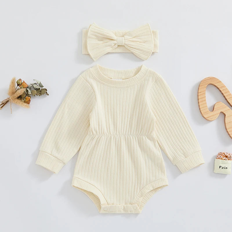 Baby Girls Spring Fall Solid Color Round Neck Long Sleeve Ribbed Romper Bow Headband Set