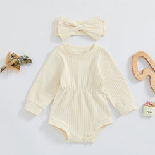 Load image into Gallery viewer, Baby Girls Spring Fall Solid Color Round Neck Long Sleeve Ribbed Romper Bow Headband Set
