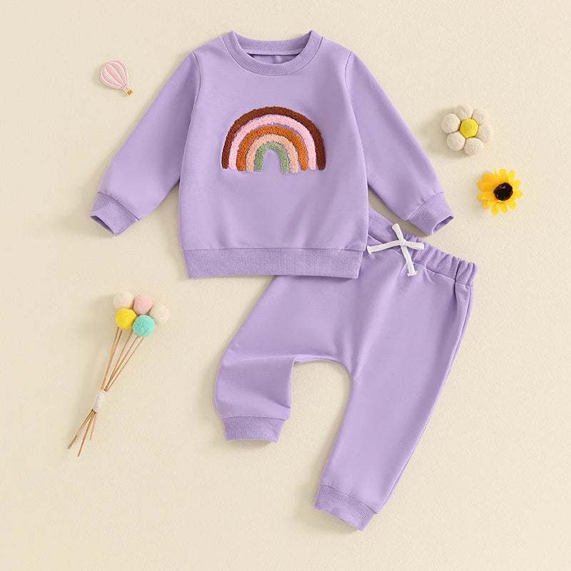 Baby Toddler Girls 2Pcs Outfit Embroidery Rainbow Long Sleeve Crew Neck Top with Elastic Waist Pants Set