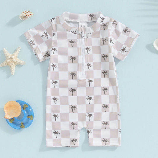Baby Boys Swimwear Short Sleeve Palm Tree Print Plaid Checker Swimsuit Jumpsuit Summer Bathing Suit Romper