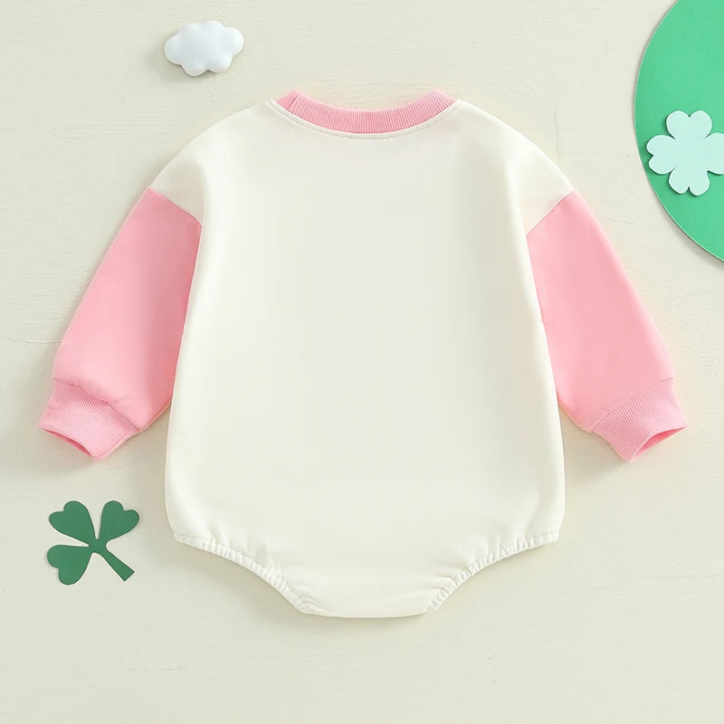 Baby Girls Lucky Girl Spring St. Patrick's Day Bubble Romper Long Sleeve Crewneck Shamrock Horseshoe Print Bodysuit