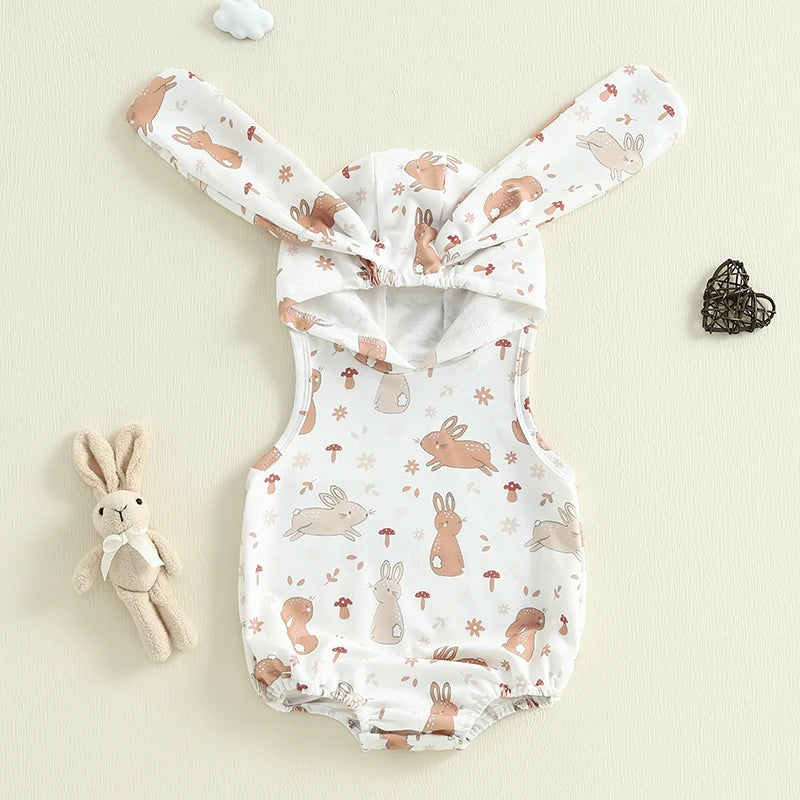 Baby Girls Boys Easter Romper Carrot / Bunny Print Sleeveless Tank Rabbit Ears Hooded Jumpsuit