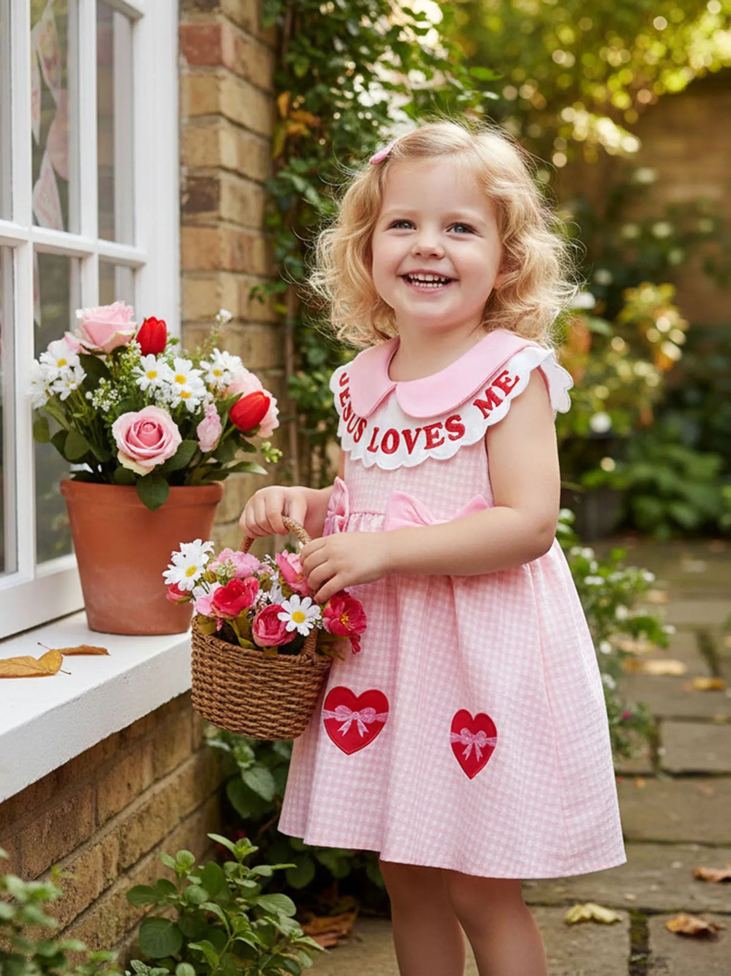 Baby Toddler Girls A-line Dress Valentine's Day Jesus Loves Me Sleeveless Doll Collar Letter Heart Embroidery Plaid Dress