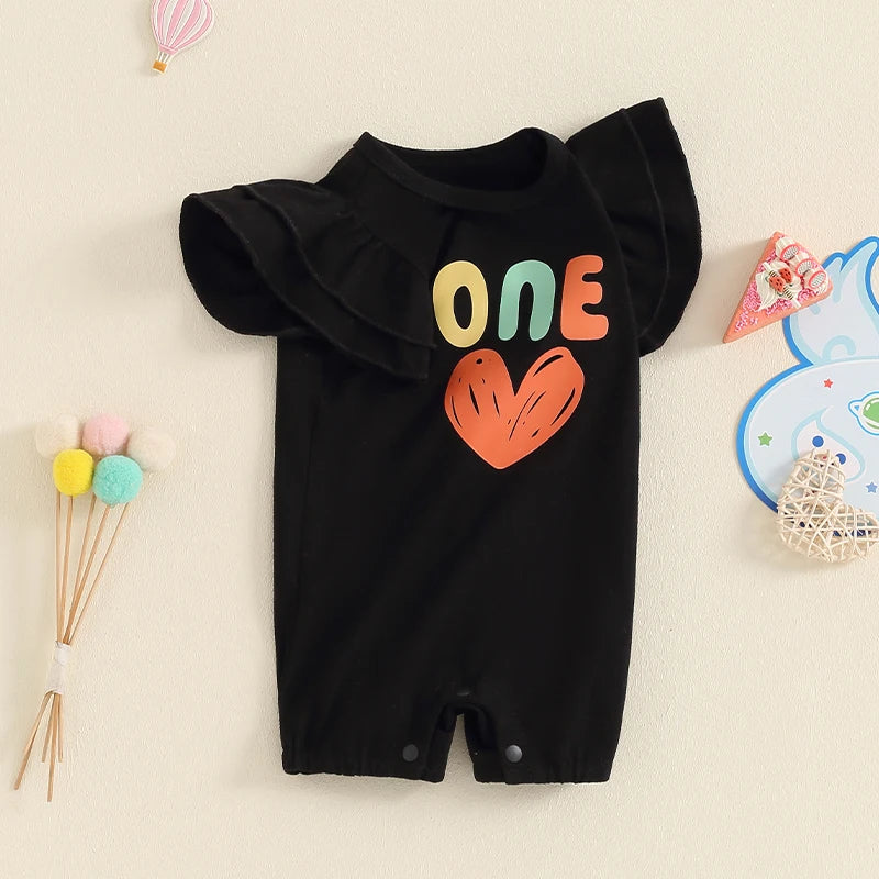 Baby Girls ONE Jumpsuit Fly Sleeve Crew Neck Letters Heart Print Birthday Romper