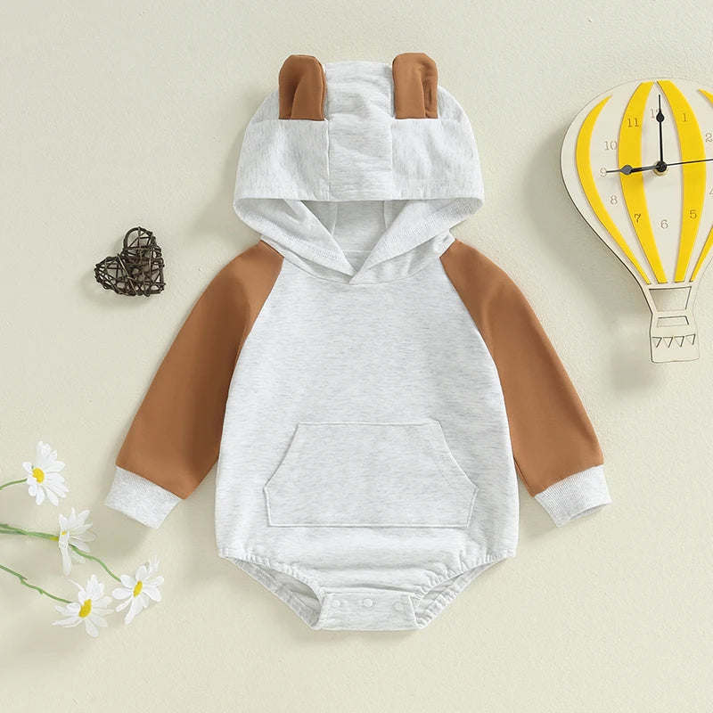 Baby Boys Girls Hooded Ears Bubble Romper Casual Contrast Color Long Sleeve Jumpsuit Wit Pocket