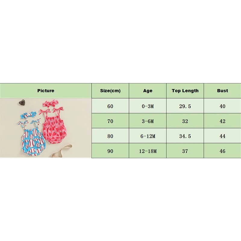 Baby Girls 2Pcs Sleeveless Romper Strawberry/Baseball Print Tie Spaghetti Straps Tank Summer Jumpsuit and Headband Set