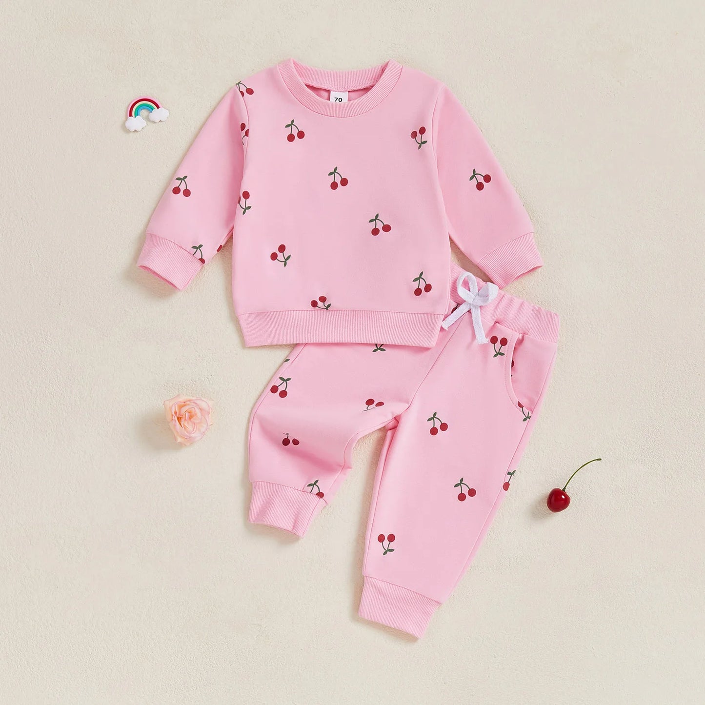 Baby Toddler Girl 2Pcs Winter Fall Outfit Cherry Print Long Sleeve Top Elastic Waist Joggers 2 Piece Jogger Set