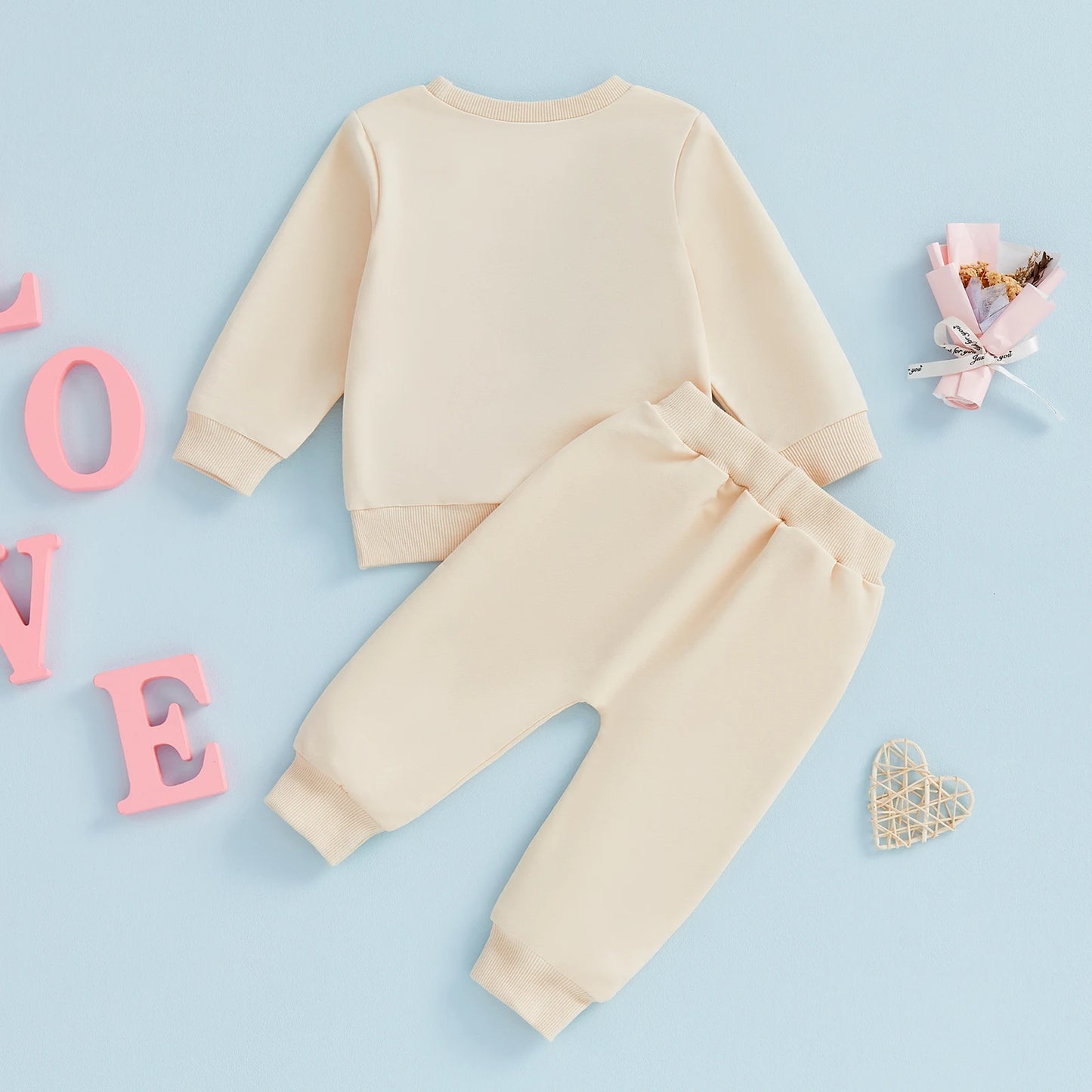 Baby Toddler Girls 2Pcs Valentine's Outfit LOVE Letter Embroidered Long Sleeve Top and Heart Embroidered Pants Jogger Set