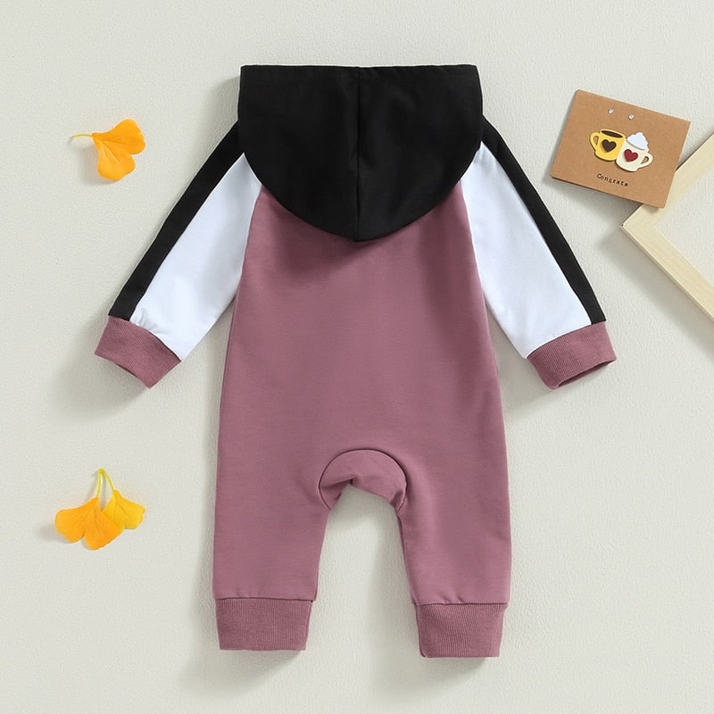 Baby Boy Girl Full Length Jumpsuit Contrast Color Hood Long Sleeve Romper with Zipper