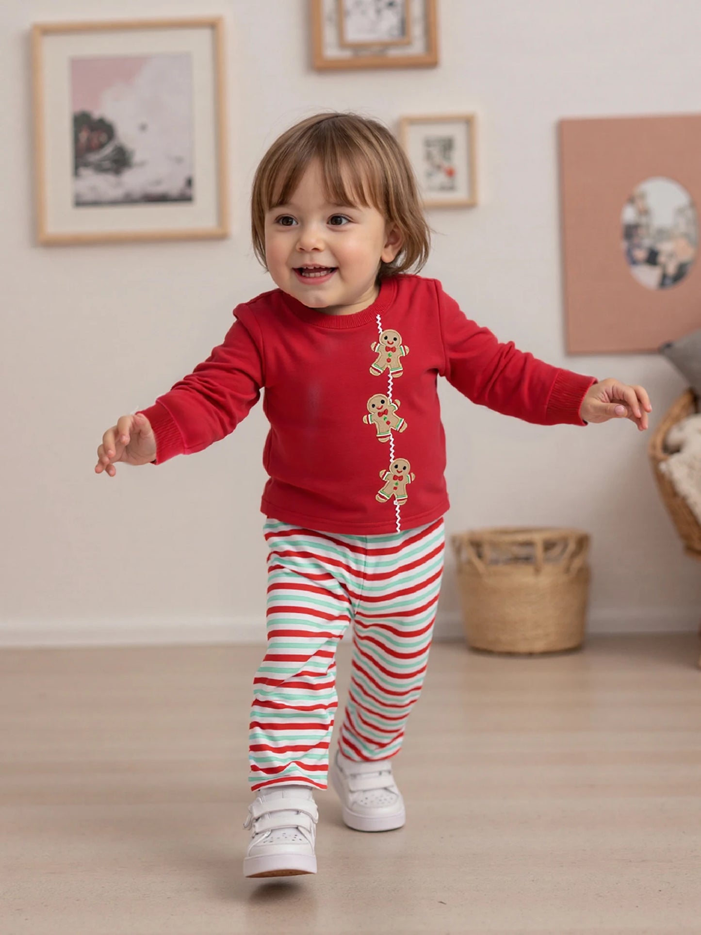 Baby Toddler Boy Girl 2Pcs Christmas Outfits Long Sleeve Gingerbread Man Embroidery Tops + Pants Set Clothes