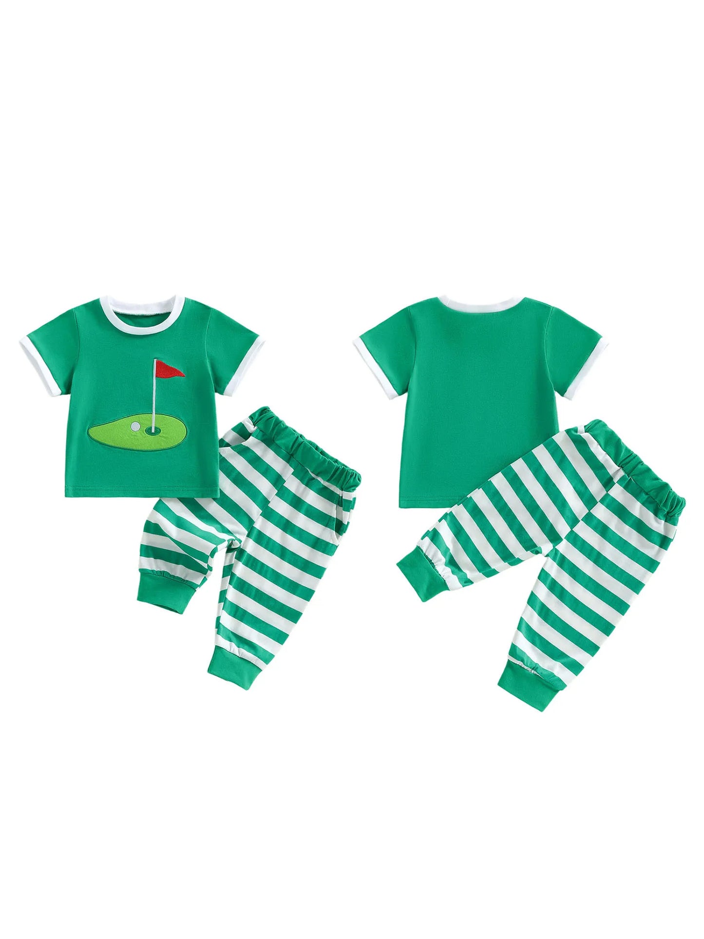 Baby Toddler Boys 2Pcs Outfit Short Sleeve Crew Neck Embroidery Golf Court T-shirt Top with Striped Pants Summer Outfit