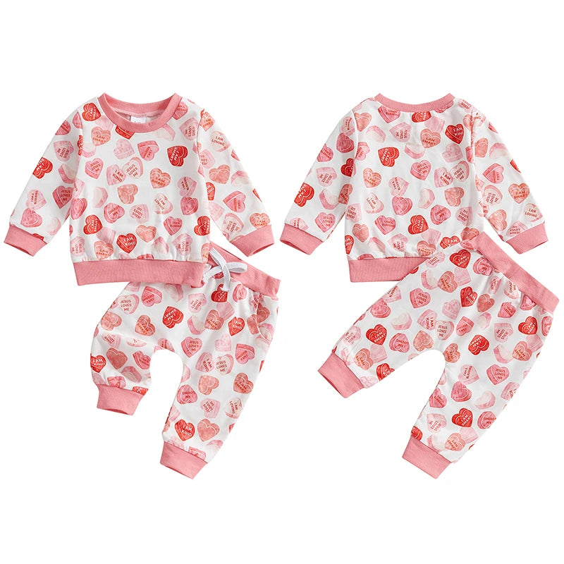 Baby Toddler Girls 2Pcs Valentine's Day Outfit Candy Heart Print Long Sleeve Crewneck Top Elastic Waist Long Pants with Pockets Jogger Set