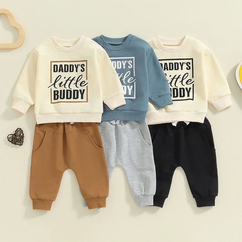 Baby Toddler Boys 2Pcs Daddy's Little Buddy Fall Outfit Letter Print Long Sleeve Round Neck Top and Solid Color Pants Set