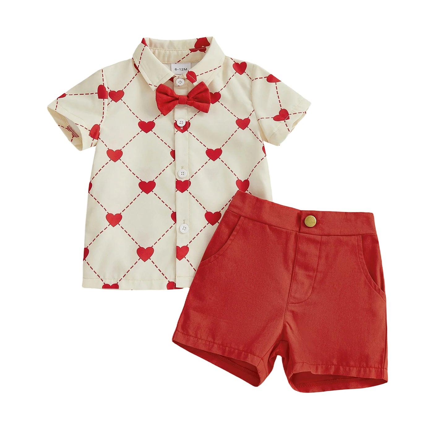 Baby Toddler Boys 2Pcs Valentine's Day Outfit Heart Short Sleeve Bowtie Shirt and Solid Shorts 2 Piece Set