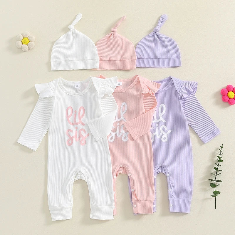 Baby Girls 2Pcs Lil Sis Autumn Jumpsuit Long Sleeve Crew Neck Letter Print Romper with Hat Set