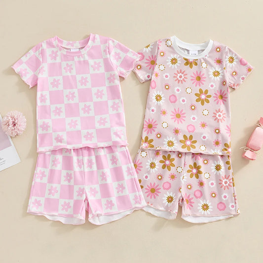 Baby Toddler Girls 2Pcs Outfit Floral Flower Checkered Print Short Sleeve Top with Elastic Waist Shorts Set