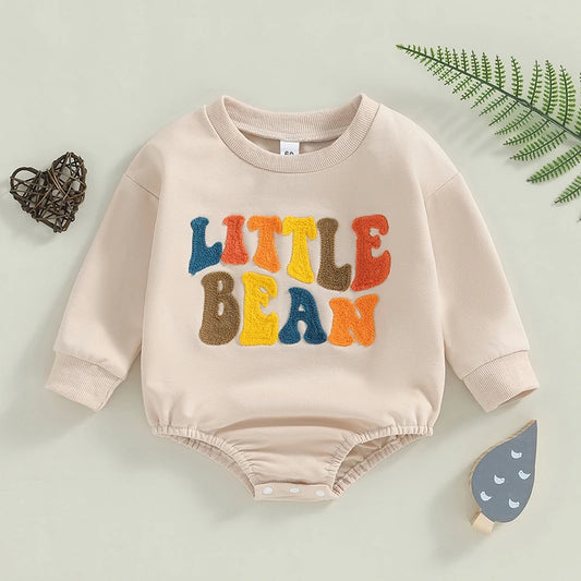 Baby Girls Boys Little Bean Bodysuit Long Sleeve Letter Embroidery Casual Playsuit Romper