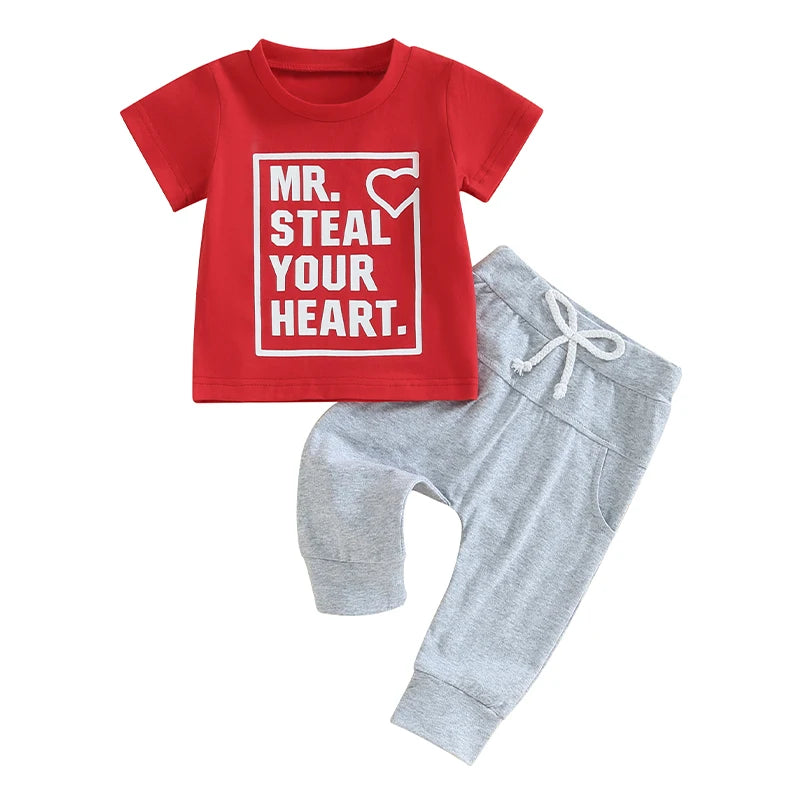 Baby Toddler Boy 2Pcs Valentine's Day Outfit Mr. Steal Your Heart Letter & Heart Print Short Sleeve Top with Solid Color Long Pants Set