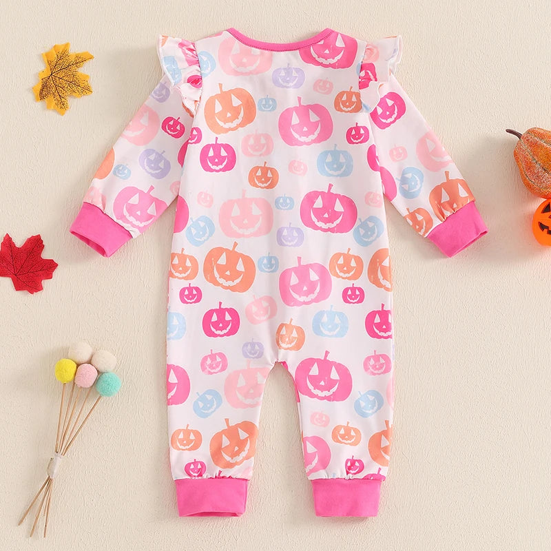 Baby Girls Halloween Romper Pumpkin Print Ruffle Trim Long Sleeve Full Length Zipper Jumpsuit for Fall