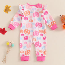 Load image into Gallery viewer, Baby Girls Halloween Romper Pumpkin Print Ruffle Trim Long Sleeve Full Length Zipper Jumpsuit for Fall
