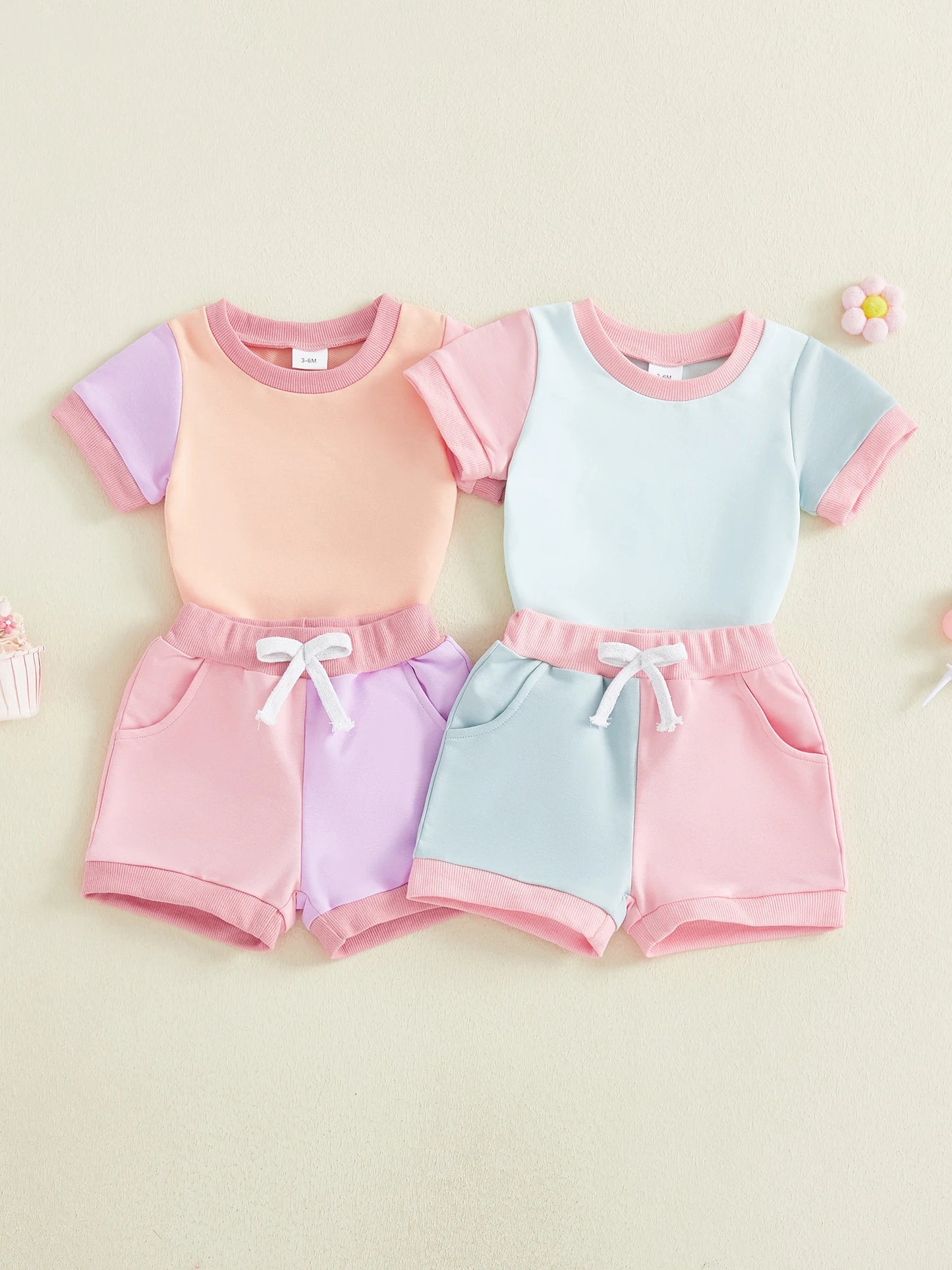 Baby Girls 2Pcs Summer Spring Shorts Set Short Sleeve O Neck Contrast Color Romper and Drawstring Shorts Outfit
