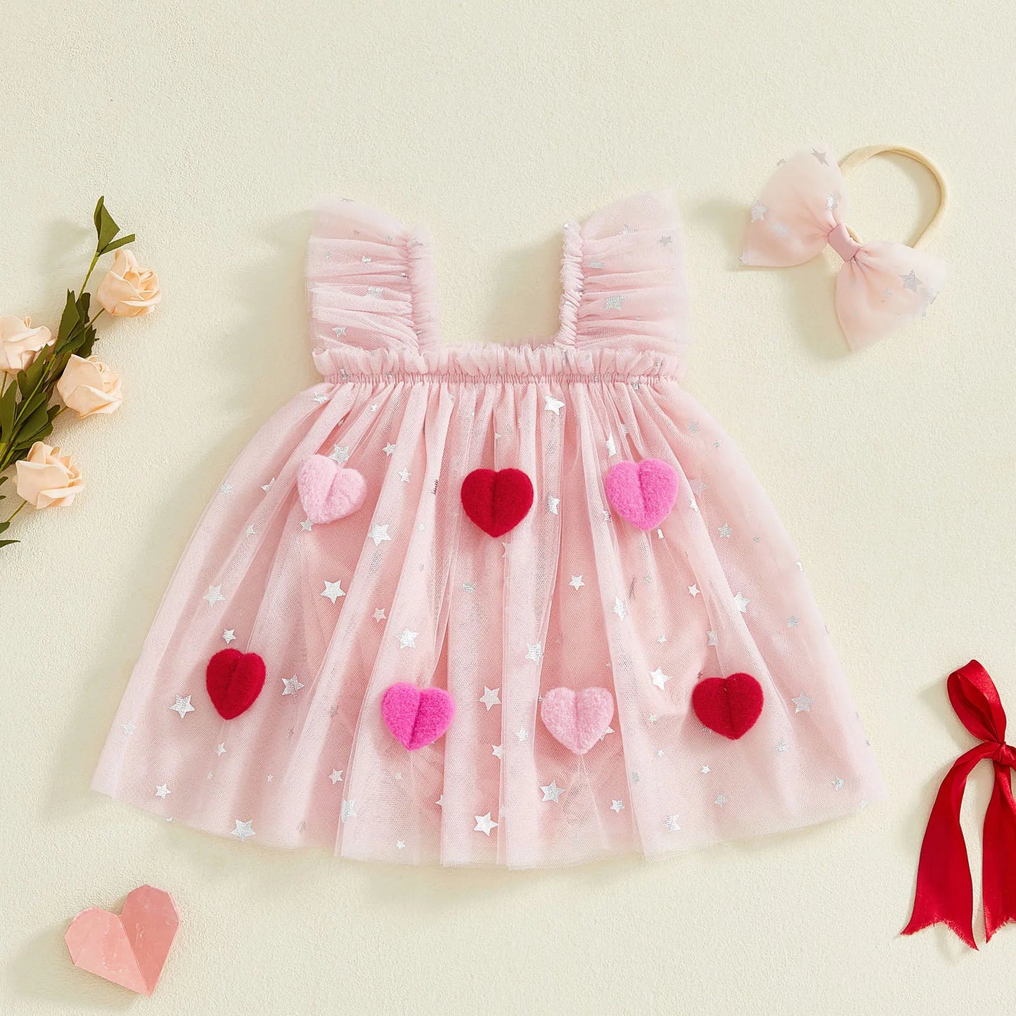 Baby Girl 2Pcs Valentine's Day Romper Dress Flying Sleeve Heart Decor Tulle Patchwork Romper with Headband Set