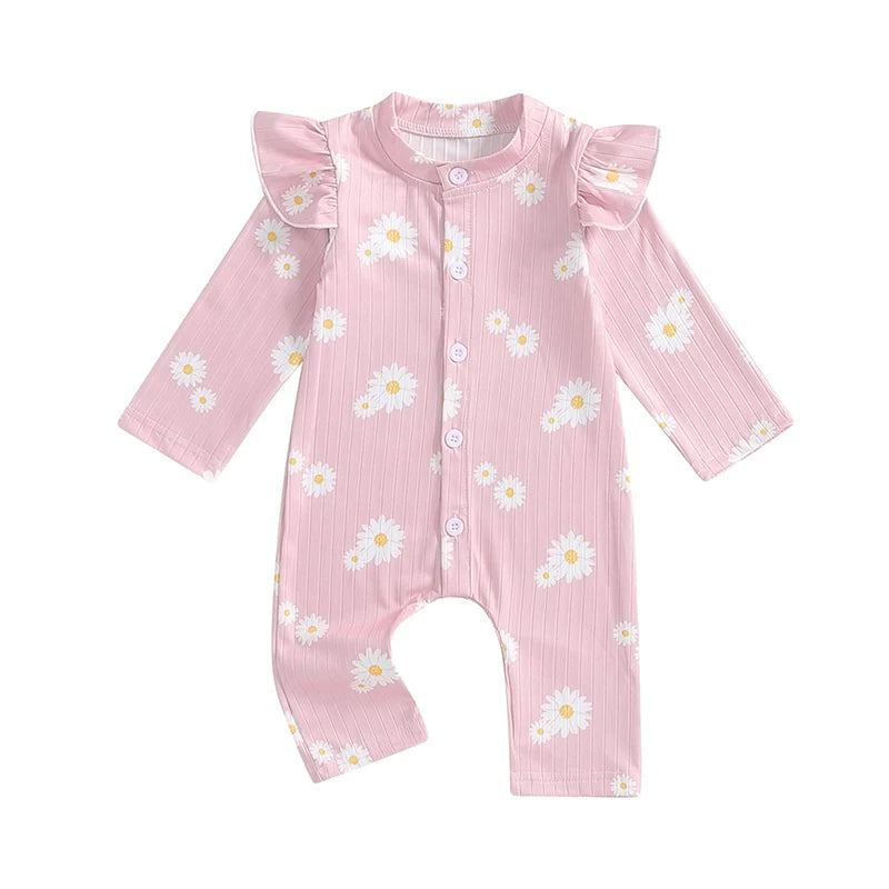 Baby Girls Button Romper Daisy Flower Print Ruffles Long Sleeve Jumpsuit