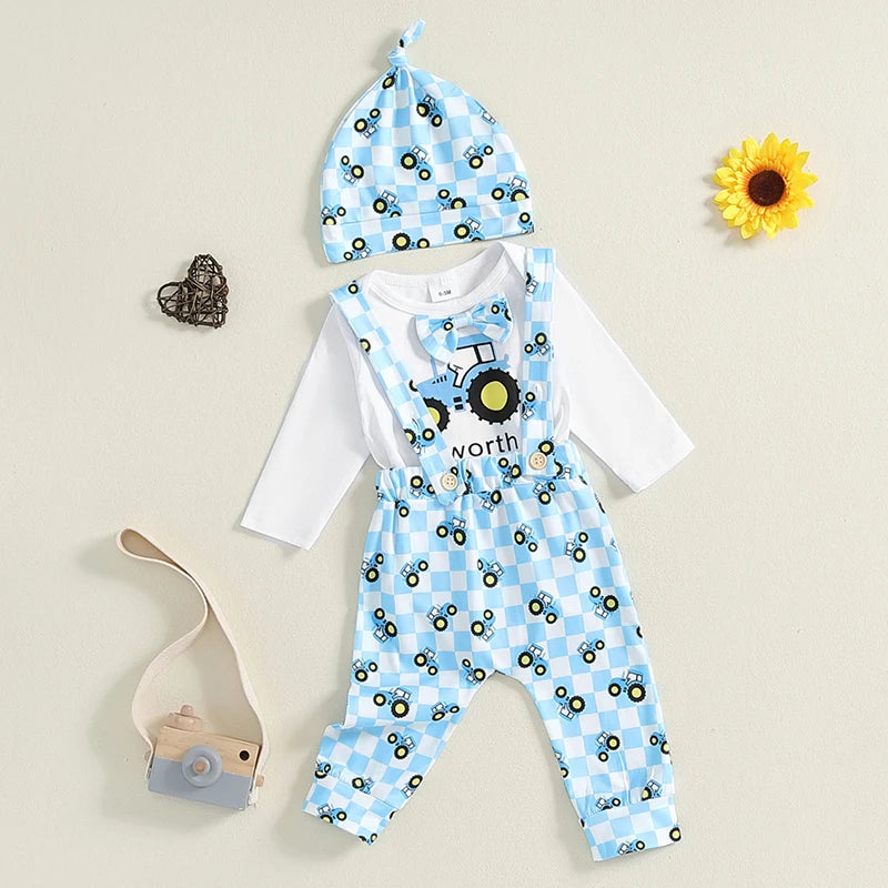 Baby Boys 3Pcs Worth The Wait Outfit Long Sleeve Round Neck Romper Tractor Print Suspender Pants Overalls Hat Set