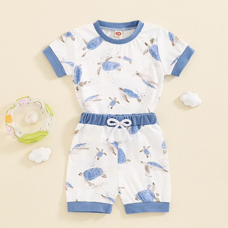 Baby Toddler Boys 2Pcs Summer Outfit Ocean Turtle Print Short Sleeve Top Elastic Waist Shorts Clothes Set