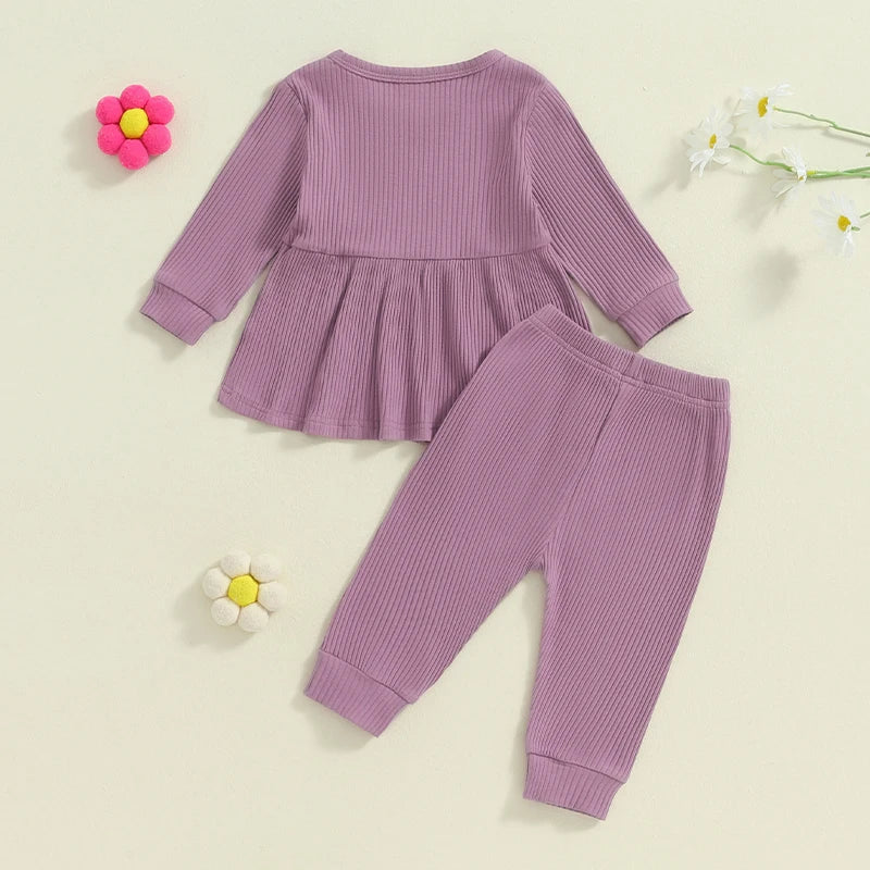 Toddler Kids Girls 2Pcs Fall Outfit Solid Color Ribbed Long Sleeve Babygirl Shirt and Elastic Pants Set