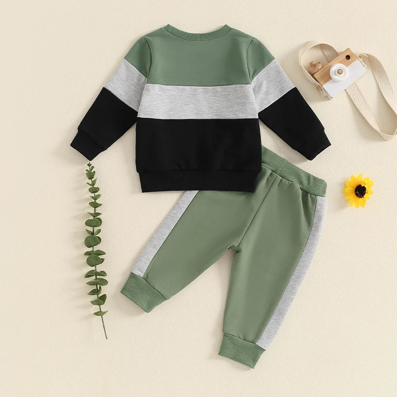 Baby Toddler Boys 2Pcs Long Sleeve Round Neck Top Drawstring Long Pants Contrast Color Outfit Set