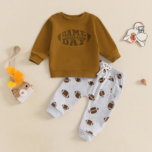 Baby Toddler Boys 2Pcs Game Day Fall Outfit Football Print Long Sleeve Top and Elastic Pants Jogger Set