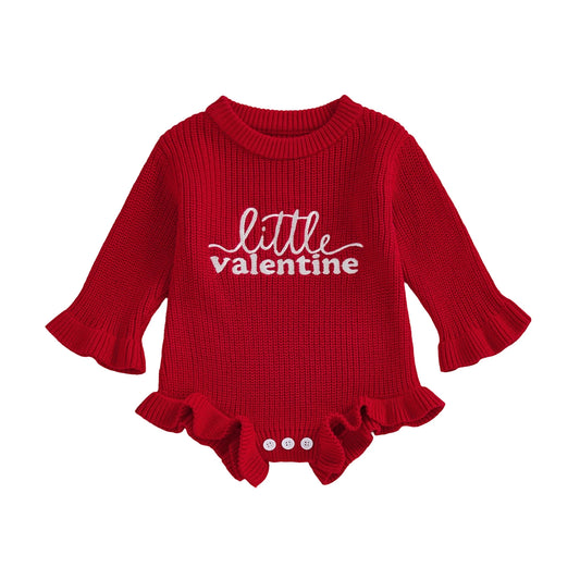 Baby Girls Little Valentine Rompers Comfortable Long Sleeve Round Neck Knit Letter Embroidery Valentine's Day Jumpsuit