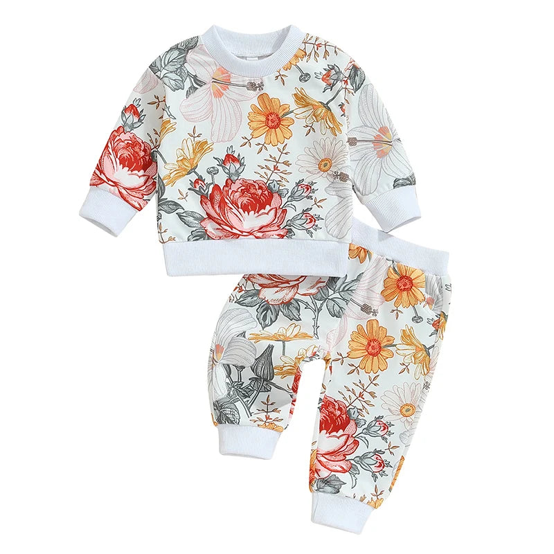 Baby Toddler Girls 2Pcs Fall Outfit Floral Flowers Print Long Sleeve Crewneck Top and Elastic Pants Set