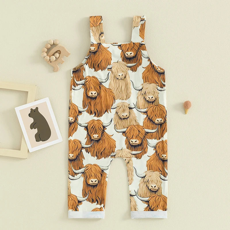 Baby Girl Boy Overalls Romper Farm Animals Print Highland Cows Tractors Sleeveless Tank Top Jumpsuit Pants