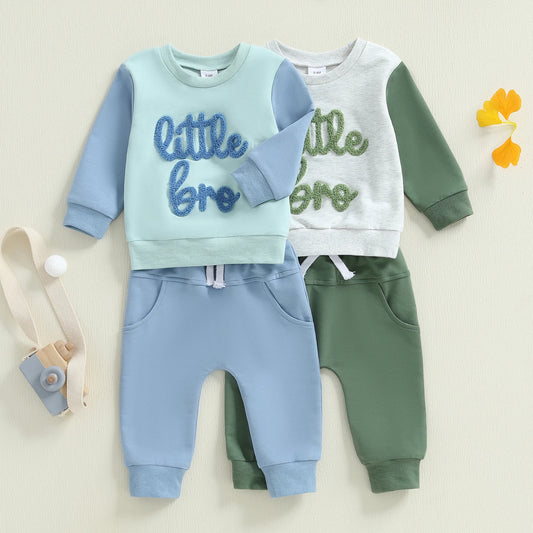 Baby Boy 2Pcs Little Bro Fall Outfits Letter Embroidery Long Sleeve Round Neck Pullover Elastic Waist Solid Pants Jogger Set