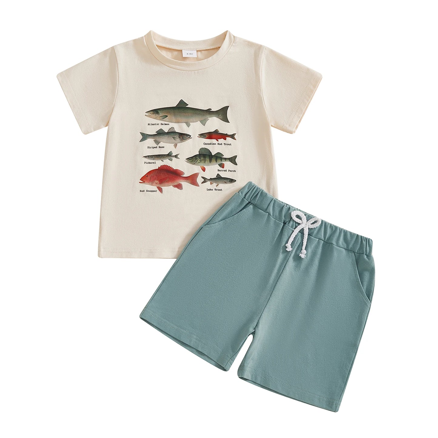 Baby Toddler Boy 2Pcs Outfit Fish Chicken Short Sleeve T-Shirt Top and Solid Shorts 2 Piece Set