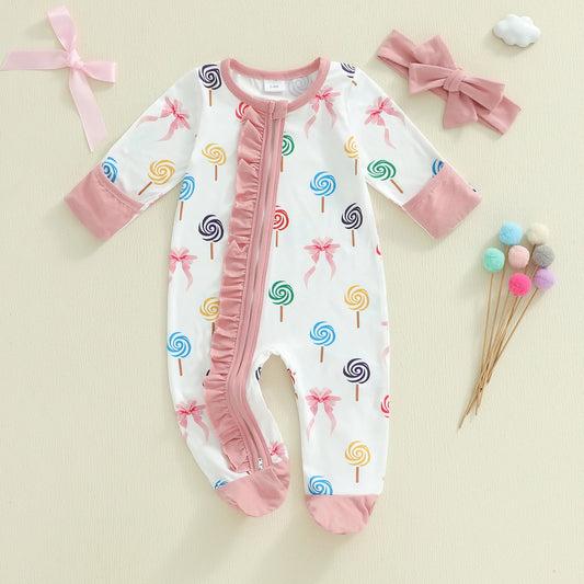 Baby Girl 2Pcs Fall Ruffled Zipper Romper Lollipop Print Long Sleeve Zippered Jumpsuit Headband Infant Clothing