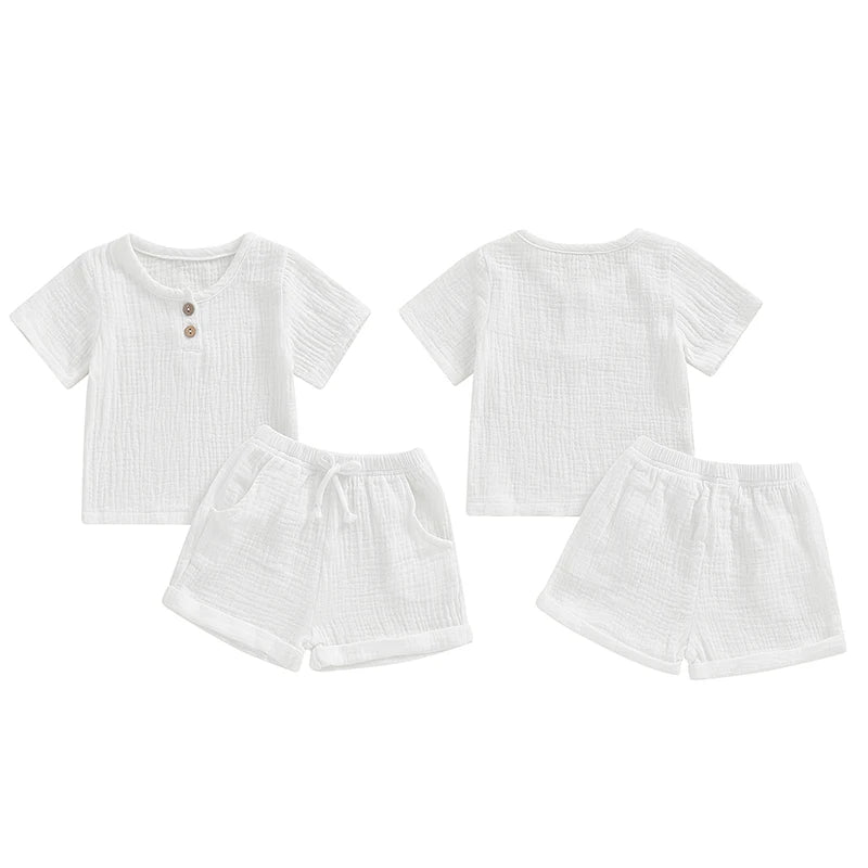 Baby Toddler Boys Girls 2Pcs Short Sleeve Button Front Solid Color Top and Shorts Outfit Set