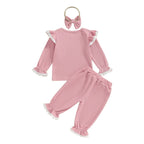 Baby Toddler Girls 3Pcs Waffle Set Lace Trim Long Sleeve Ruffled Top Elastic Waist Long Pants Hairband Outfit