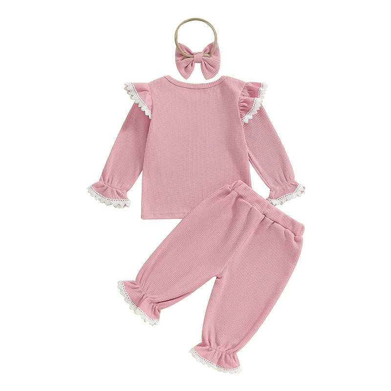 Baby Toddler Girls 3Pcs Waffle Set Lace Trim Long Sleeve Ruffled Top Elastic Waist Long Pants Hairband Outfit