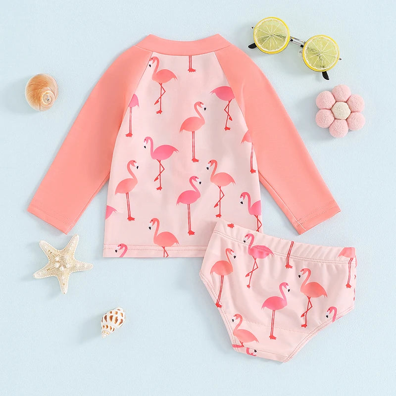 Baby Toddler Girls 2Pcs Two Piece Swimsuits Long Sleeve Seashell/Bird Flamingo Print Bathing Suit Summer Swimwear